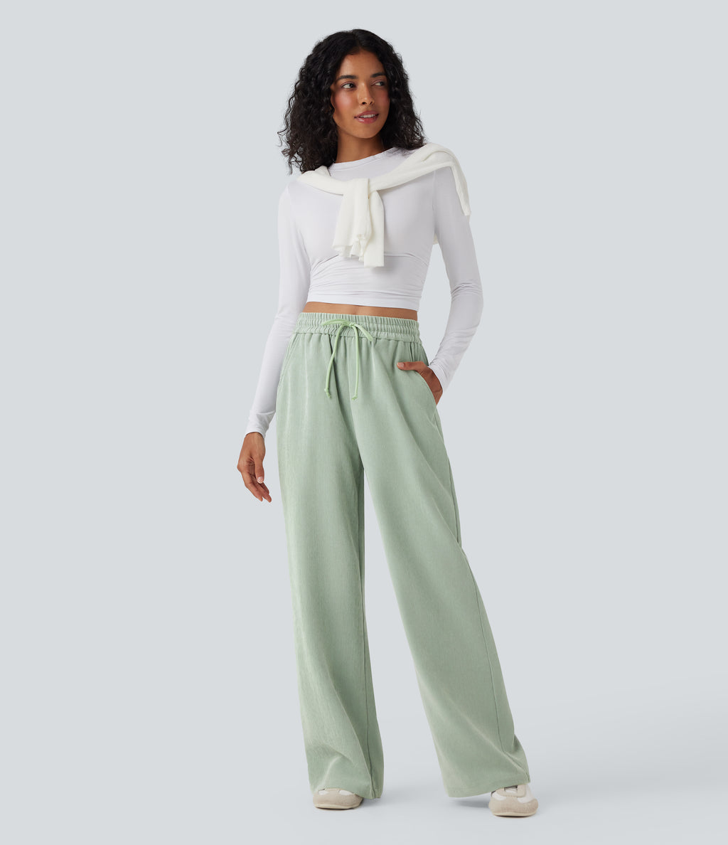 High Waisted Drawstring Wide Leg Casual Trousers with Pockets — Frosty Green — view 5