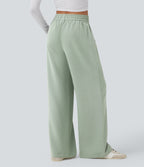 High Waisted Drawstring Wide Leg Casual Trousers with Pockets — Frosty Green — view 2