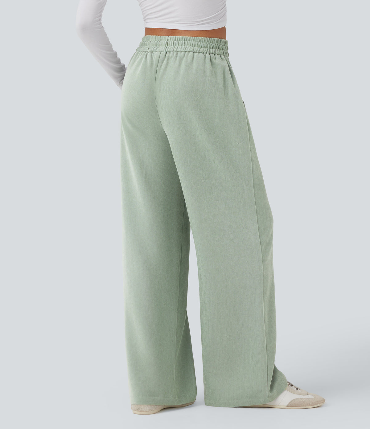 High Waisted Drawstring Wide Leg Casual Trousers with Pockets — Frosty Green — view 2