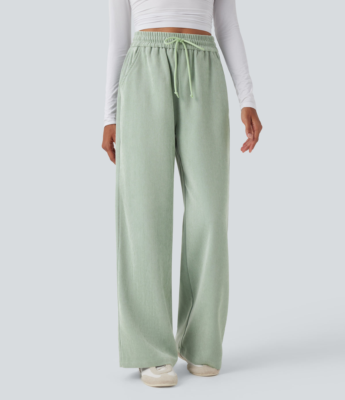 High Waisted Drawstring Wide Leg Casual Trousers with Pockets — Frosty Green — view 1