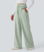 High Waisted Drawstring Wide Leg Casual Trousers with Pockets — Frosty Green — view 3