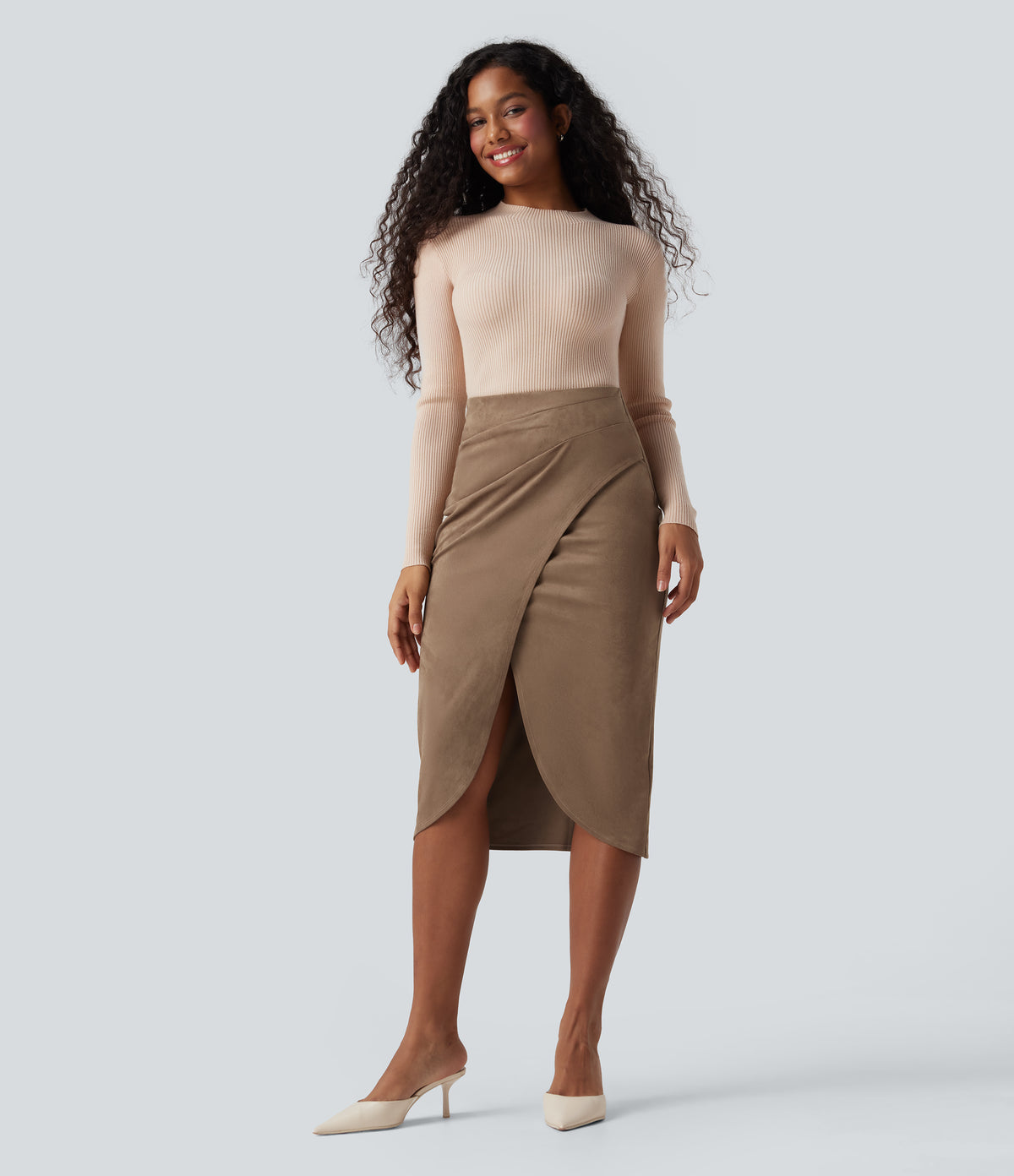 High Waisted Suede Tulip Hem Midi Casual Skirt — Coca Mocha — view 5