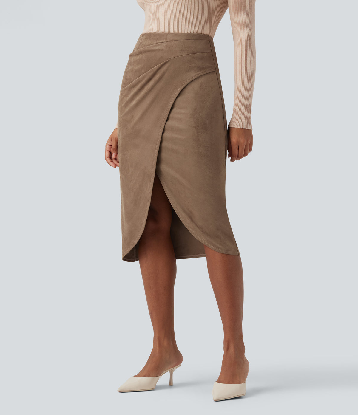 High Waisted Suede Tulip Hem Midi Casual Skirt — Coca Mocha — view 3