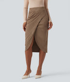 High Waisted Suede Tulip Hem Midi Casual Skirt — Coca Mocha — view 4