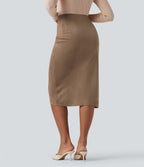 High Waisted Suede Tulip Hem Midi Casual Skirt — Coca Mocha — view 2