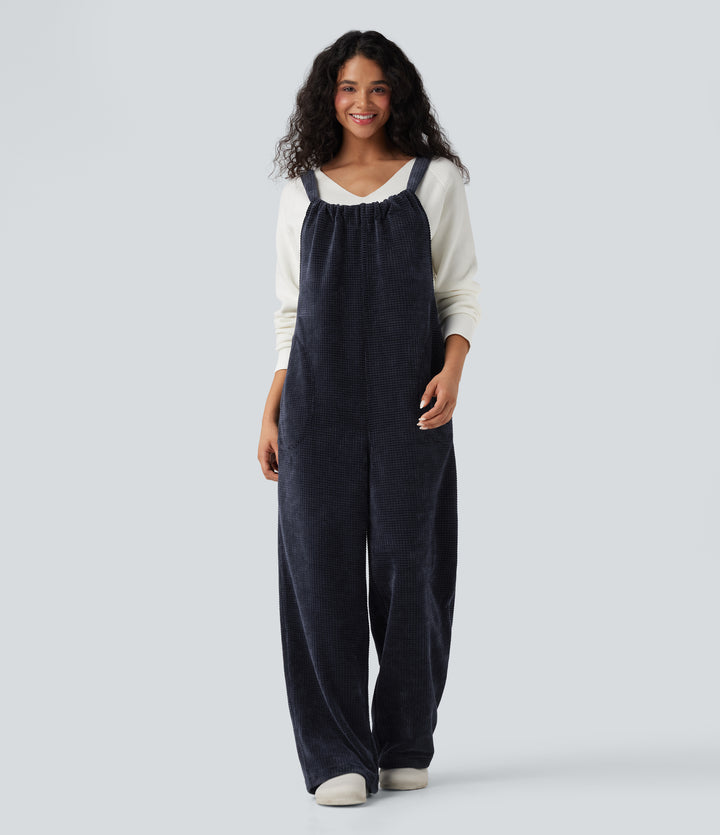 Tie Back Chenille Waffle Casual Dungarees with Pockets — Sky Captain — view 1