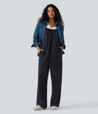 Tie Back Chenille Waffle Casual Dungarees with Pockets — Sky Captain — view 6