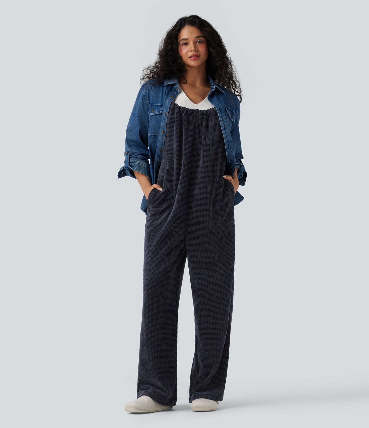 Tie Back Chenille Waffle Casual Dungarees with Pockets — Sky Captain — view 6