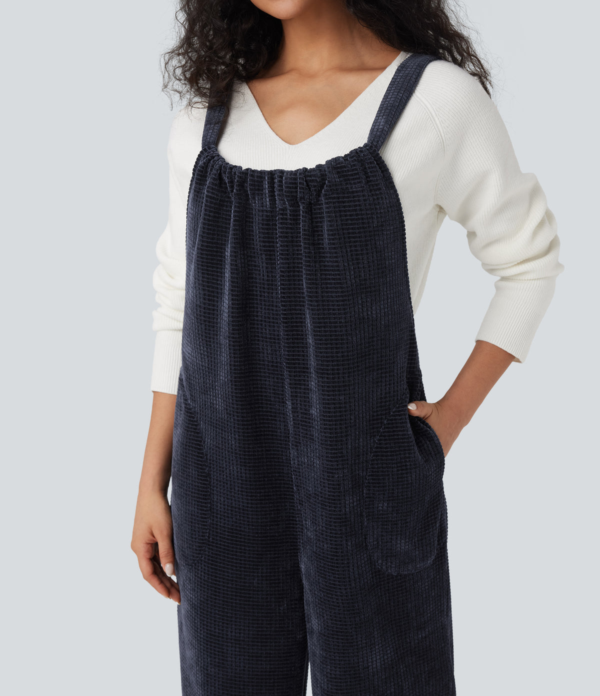 Tie Back Chenille Waffle Casual Dungarees with Pockets — Sky Captain — view 4