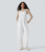 Tie Back Chenille Waffle Casual Dungarees with Pockets — White — view 7