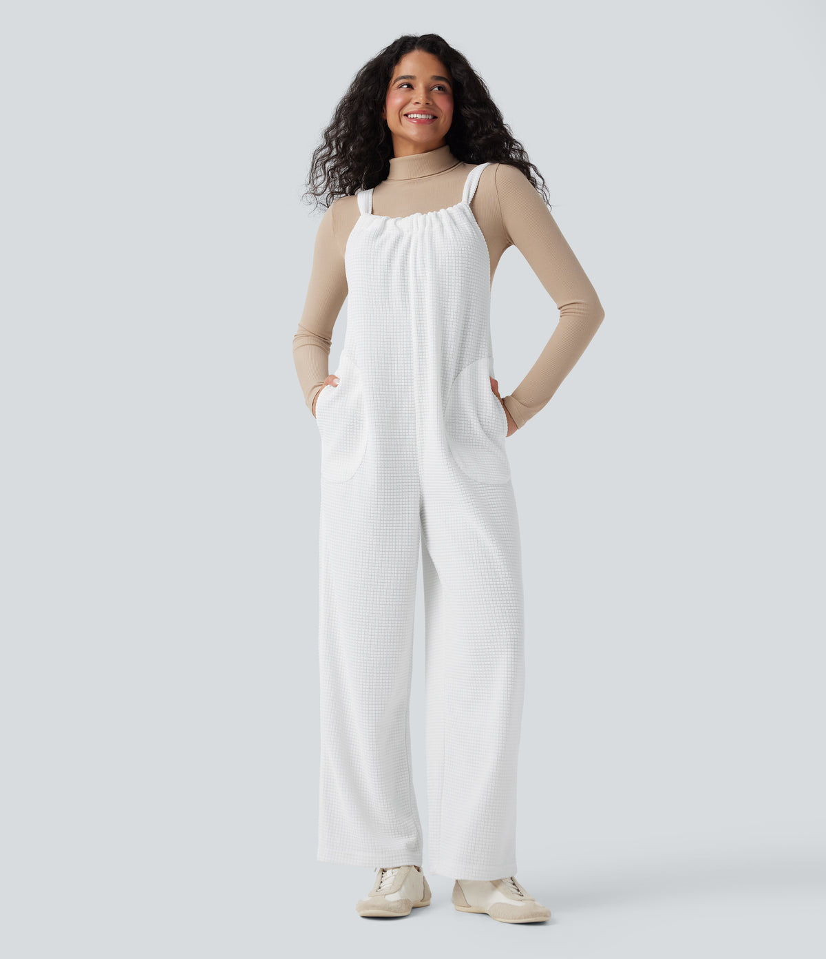 Tie Back Chenille Waffle Casual Dungarees with Pockets — White — view 7