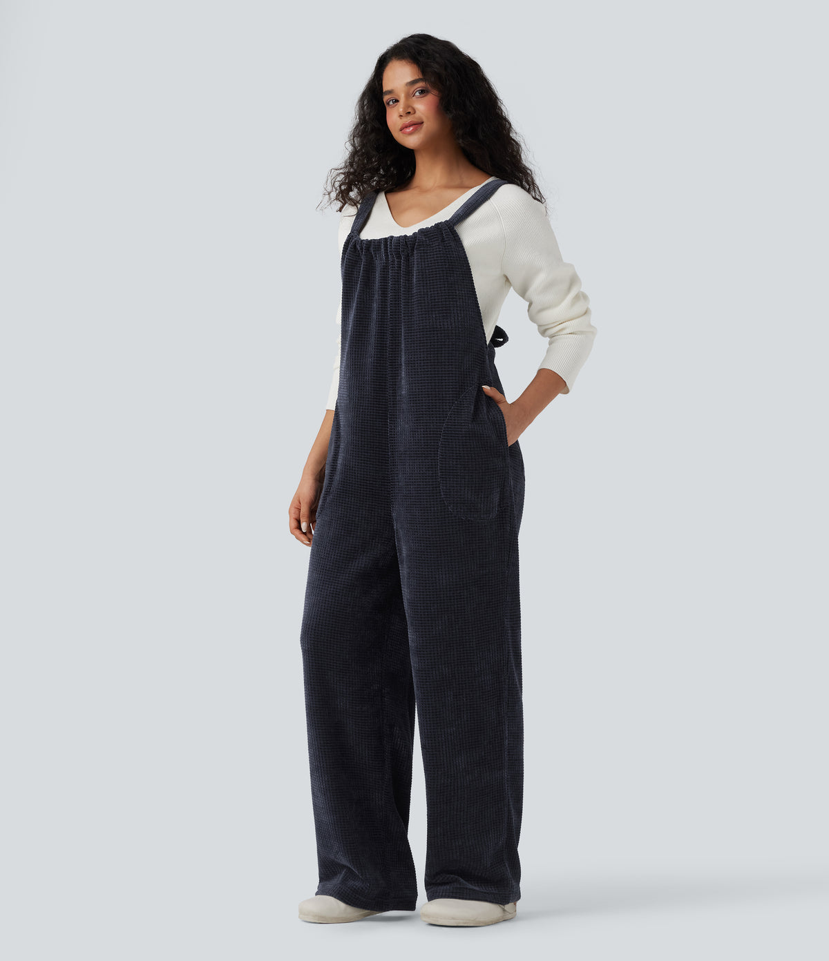 Tie Back Chenille Waffle Casual Dungarees with Pockets — Sky Captain — view 3