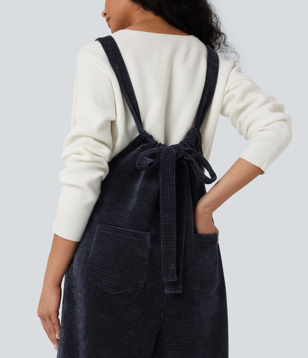 Tie Back Chenille Waffle Casual Dungarees with Pockets — Sky Captain — view 5