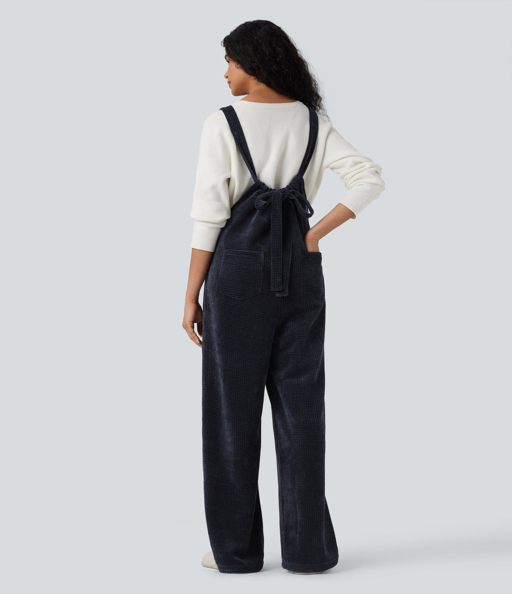 Tie Back Chenille Waffle Casual Dungarees with Pockets — Sky Captain — view 2