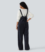 Tie Back Chenille Waffle Casual Dungarees with Pockets — Sky Captain — view 2
