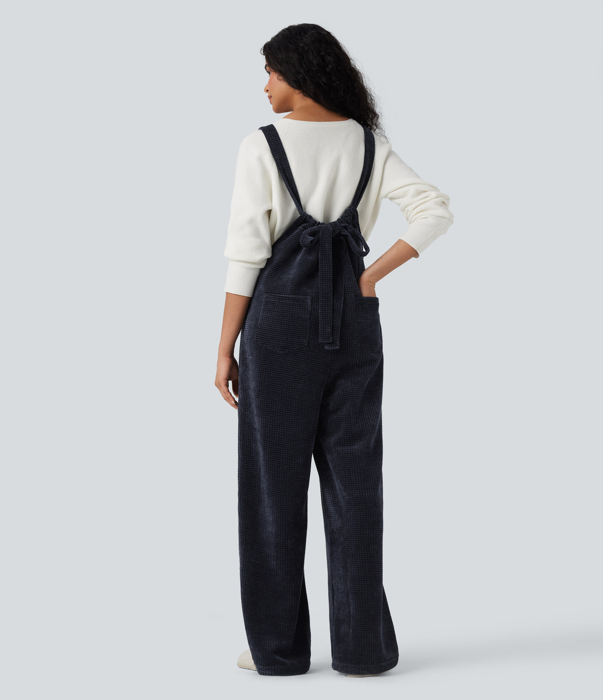 Tie Back Chenille Waffle Casual Dungarees with Pockets — Sky Captain — view 2