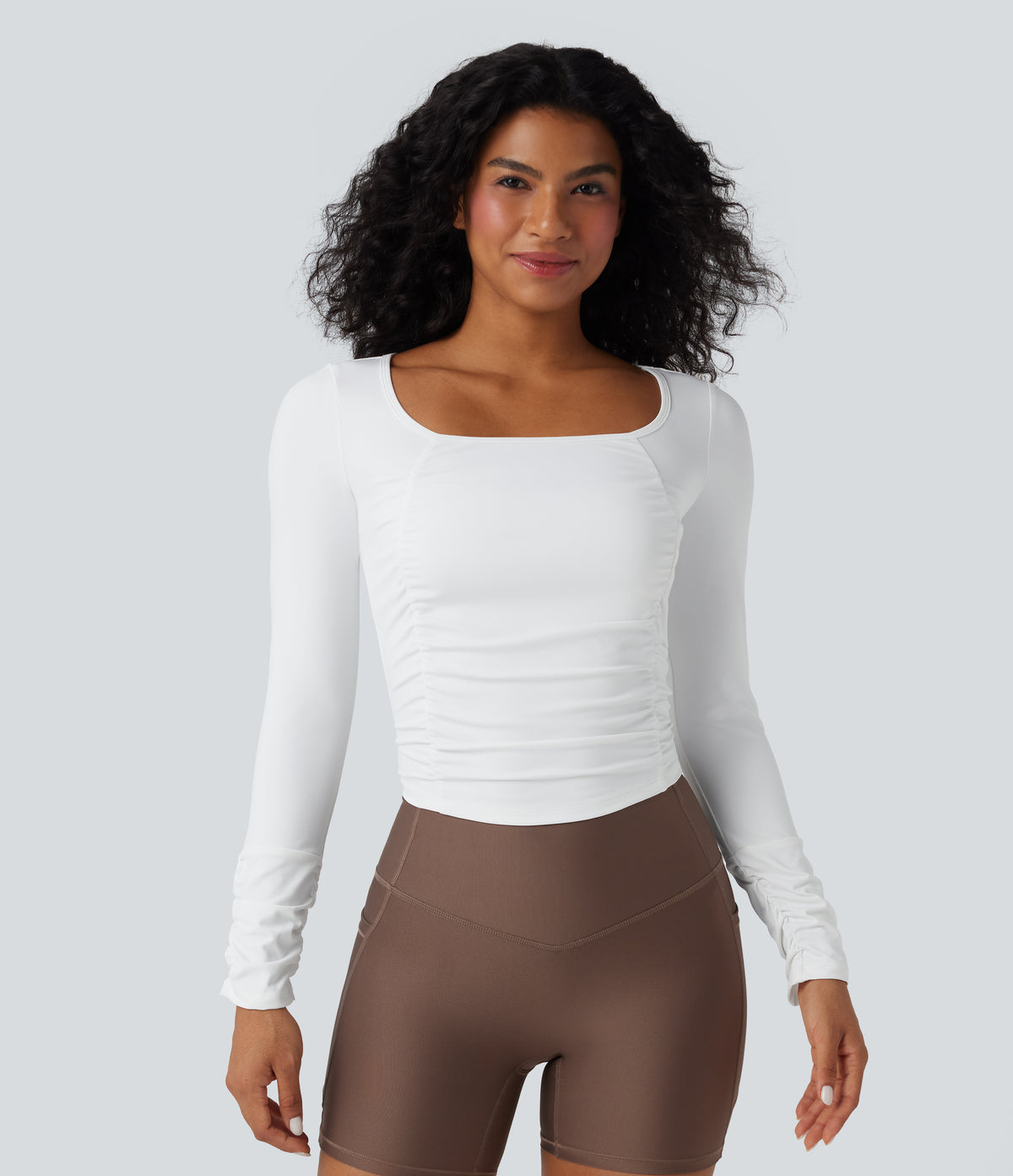 Airy Square Neck Long Sleeve Ruched InstantCool Workout Sports Top — White — view 1