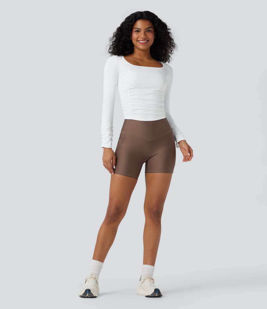 Airy Square Neck Long Sleeve Ruched InstantCool Workout Sports Top — White — view 7