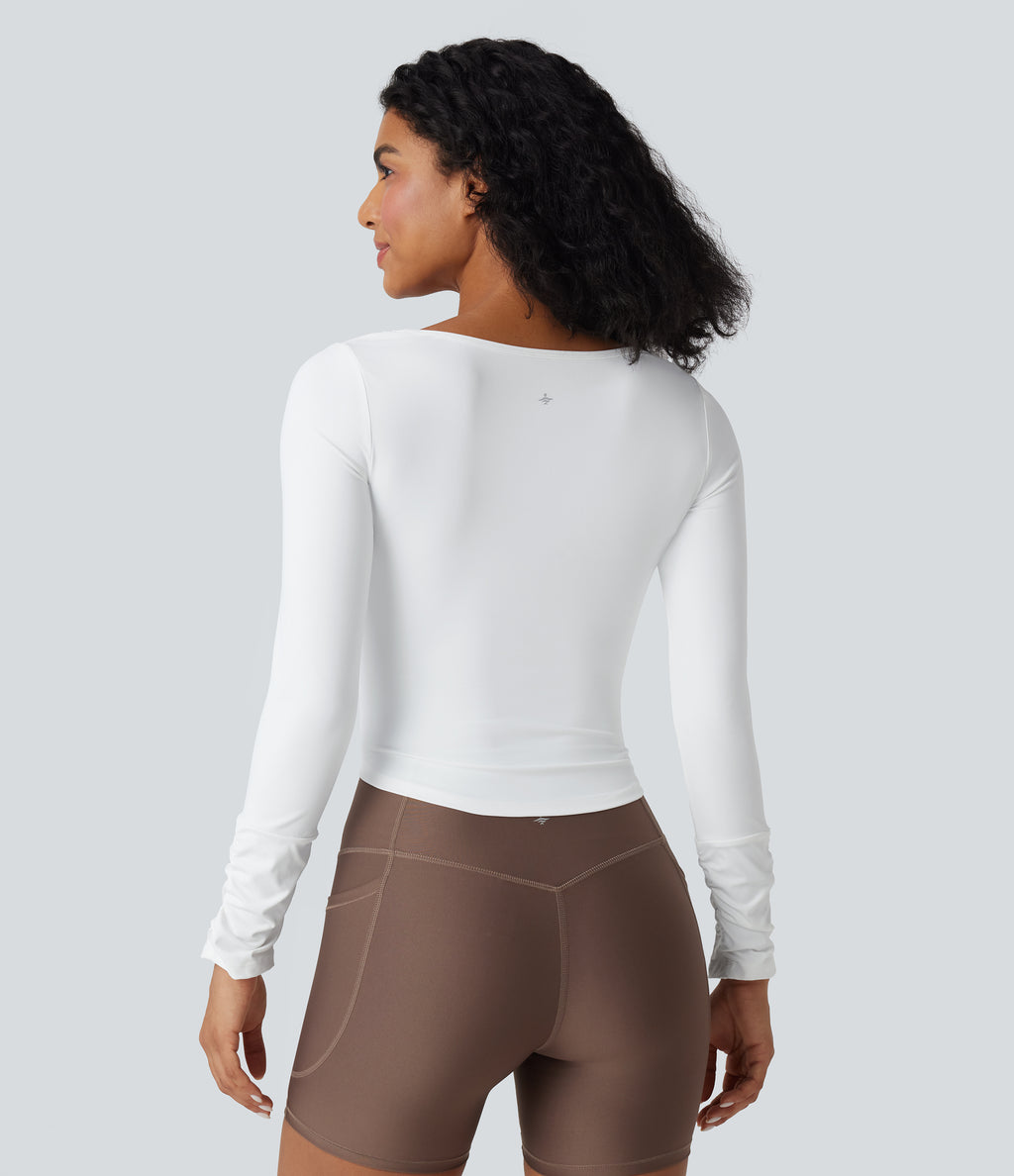 Airy Square Neck Long Sleeve Ruched InstantCool Workout Sports Top — White — view 2