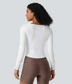 Airy Square Neck Long Sleeve Ruched InstantCool Workout Sports Top — White — view 2
