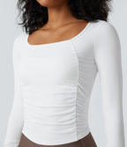 Airy Square Neck Long Sleeve Ruched InstantCool Workout Sports Top — White — view 5