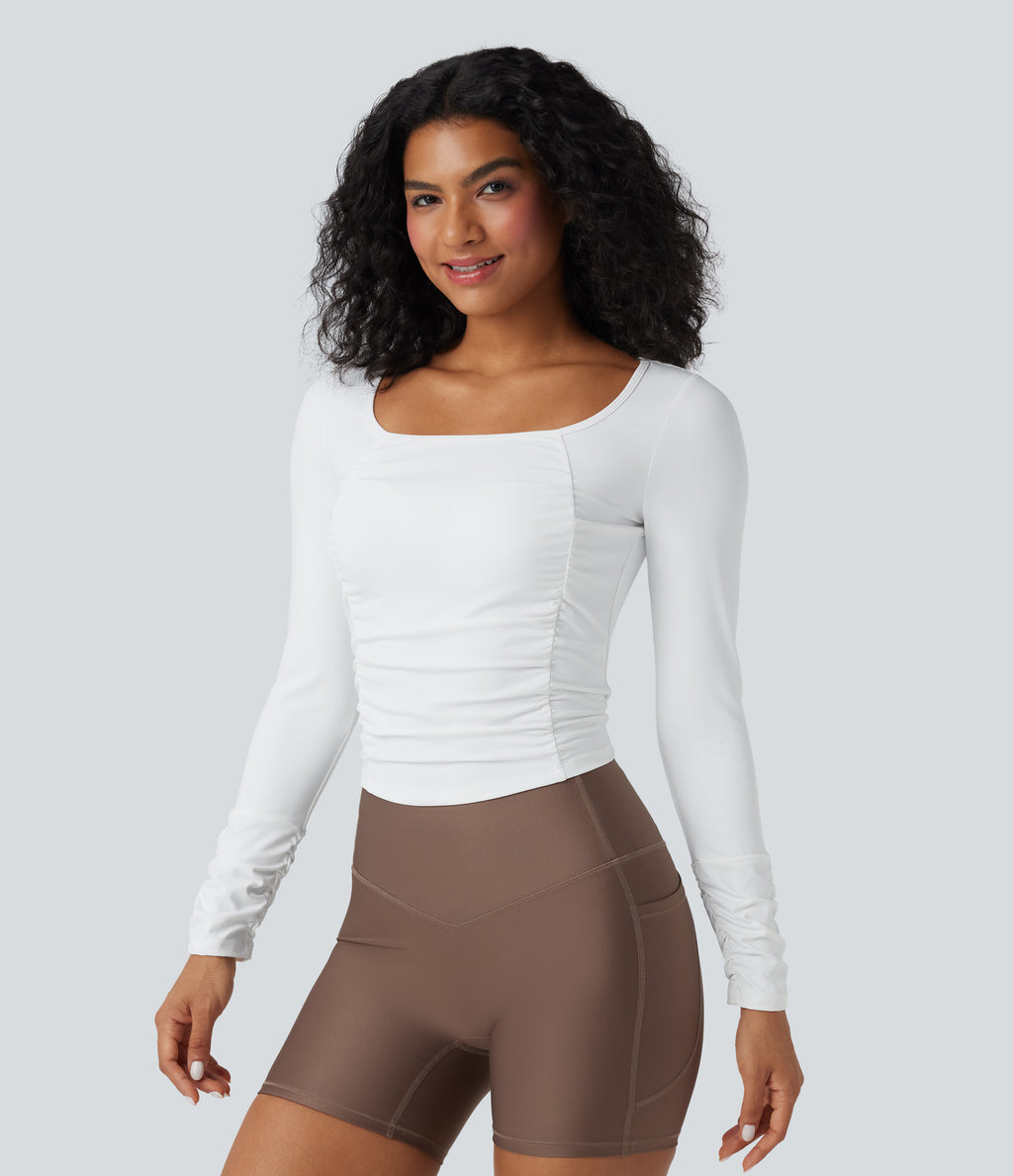 Airy Square Neck Long Sleeve Ruched InstantCool Workout Sports Top — White — view 3