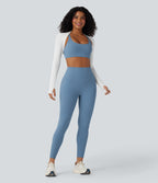 High Waisted Tummy Control Workout Leggings with Pocket — Whale Blue — view 7