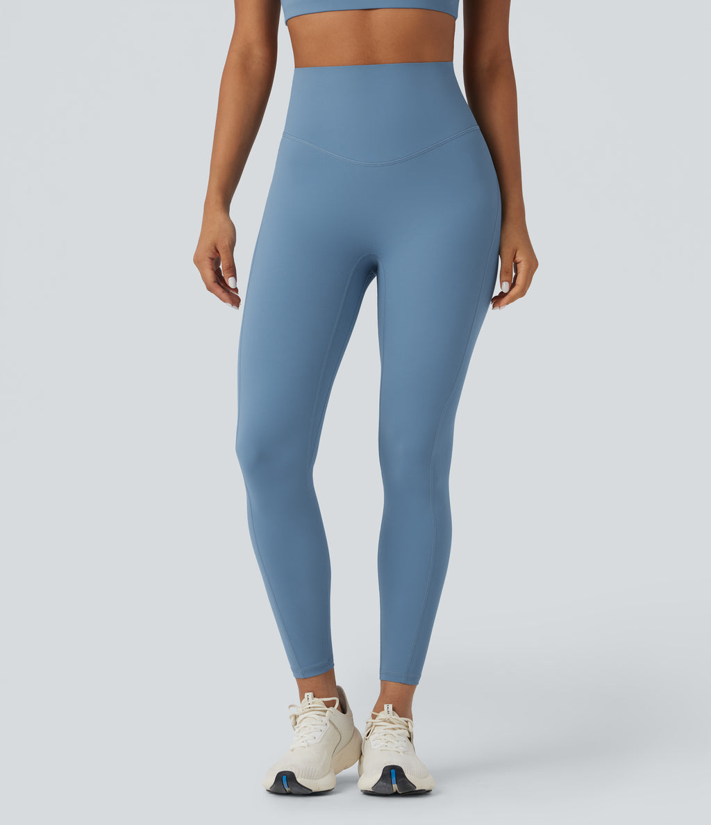 High Waisted Tummy Control Workout Leggings with Pocket — Whale Blue — view 3