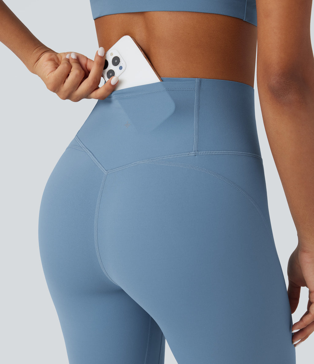 High Waisted Tummy Control Workout Leggings with Pocket — Whale Blue — view 4