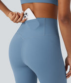 High Waisted Tummy Control Workout Leggings with Pocket — Whale Blue — view 4
