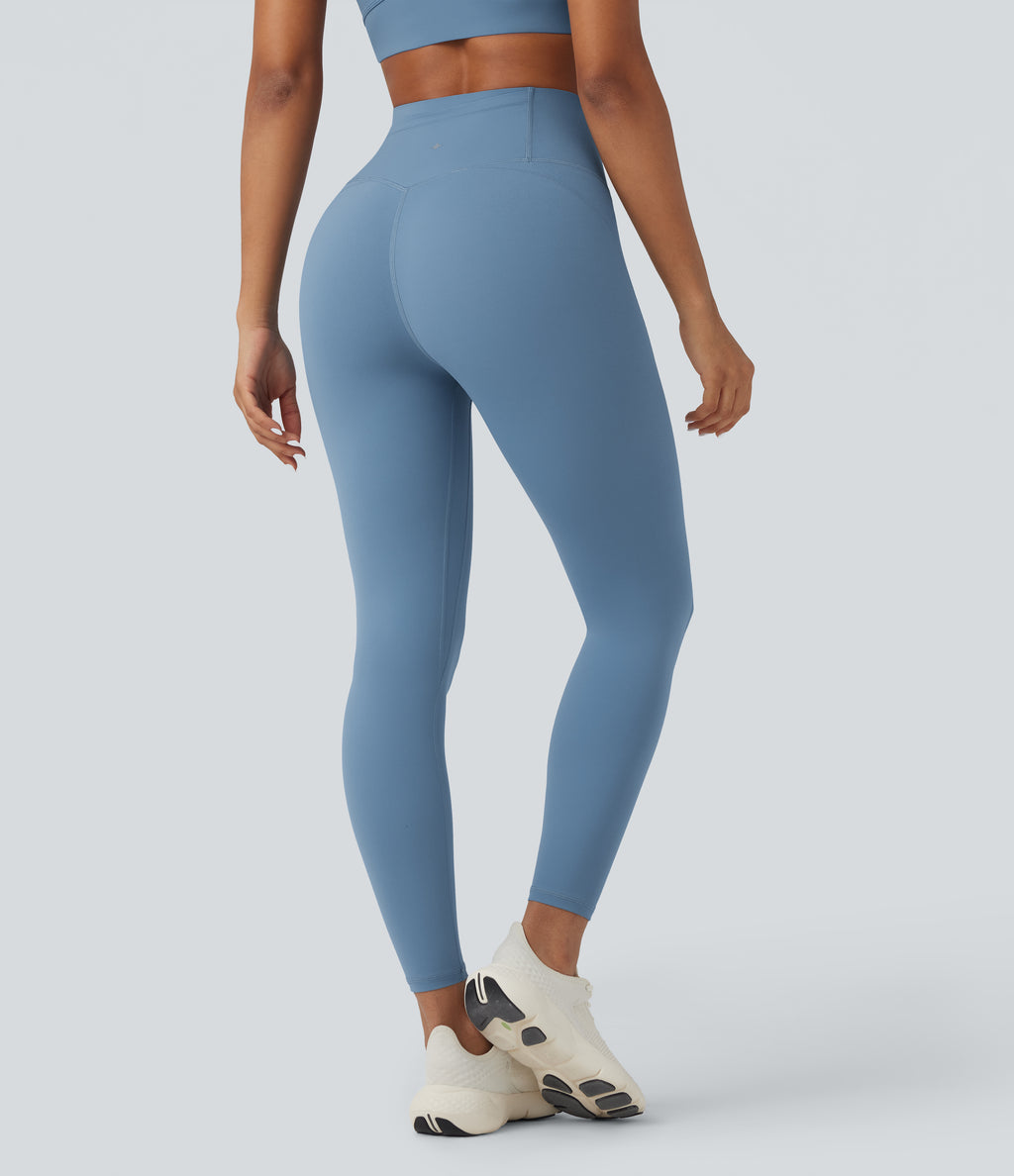 High Waisted Tummy Control Workout Leggings with Pocket — Whale Blue — view 2