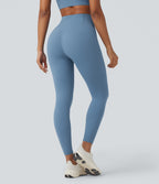 High Waisted Tummy Control Workout Leggings with Pocket — Whale Blue — view 2