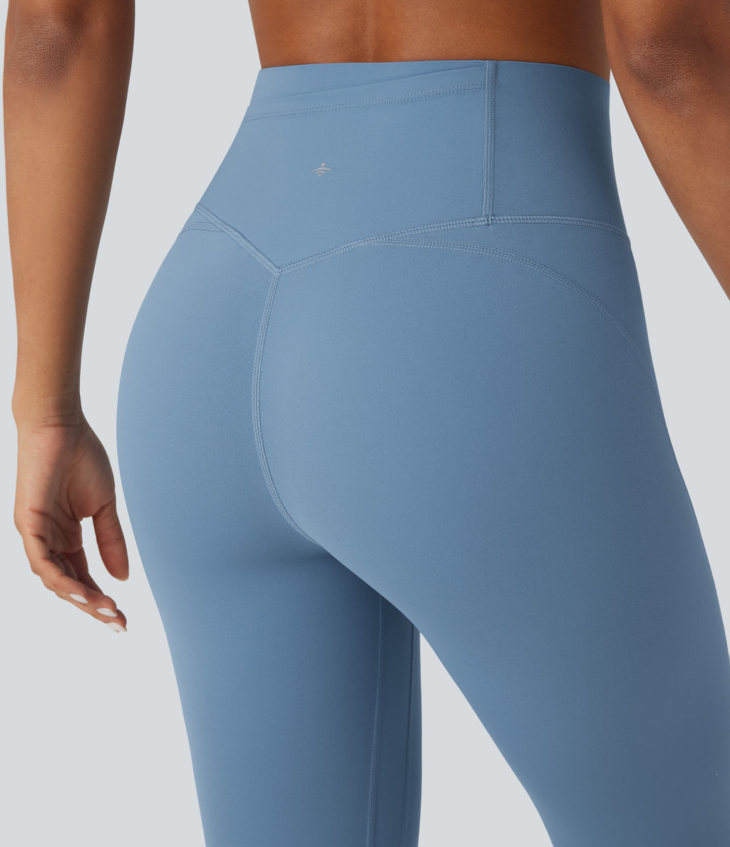 High Waisted Tummy Control Workout Leggings with Pocket — Whale Blue — view 5