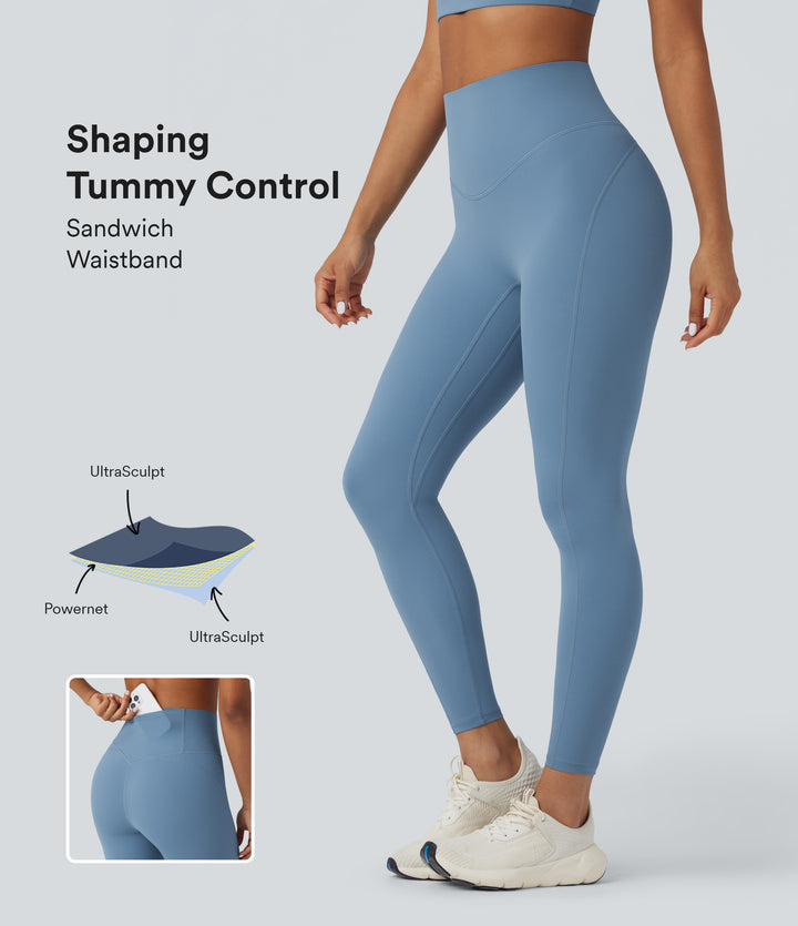 High Waisted Tummy Control Workout Leggings with Pocket — Whale Blue — view 1