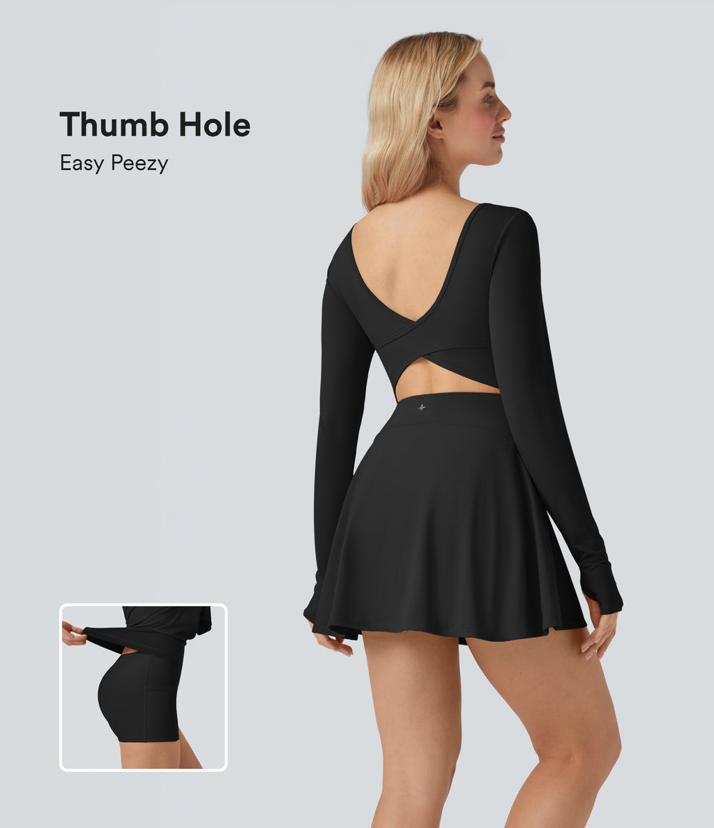 Airy U Neck Long Sleeve Thumb Hole 2-in-1 Mini Dance Active Dress with Pockets — Black — view 1