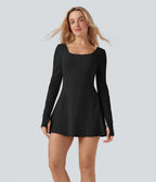 Airy U Neck Long Sleeve Thumb Hole 2-in-1 Mini Dance Active Dress with Pockets — Black — view 2