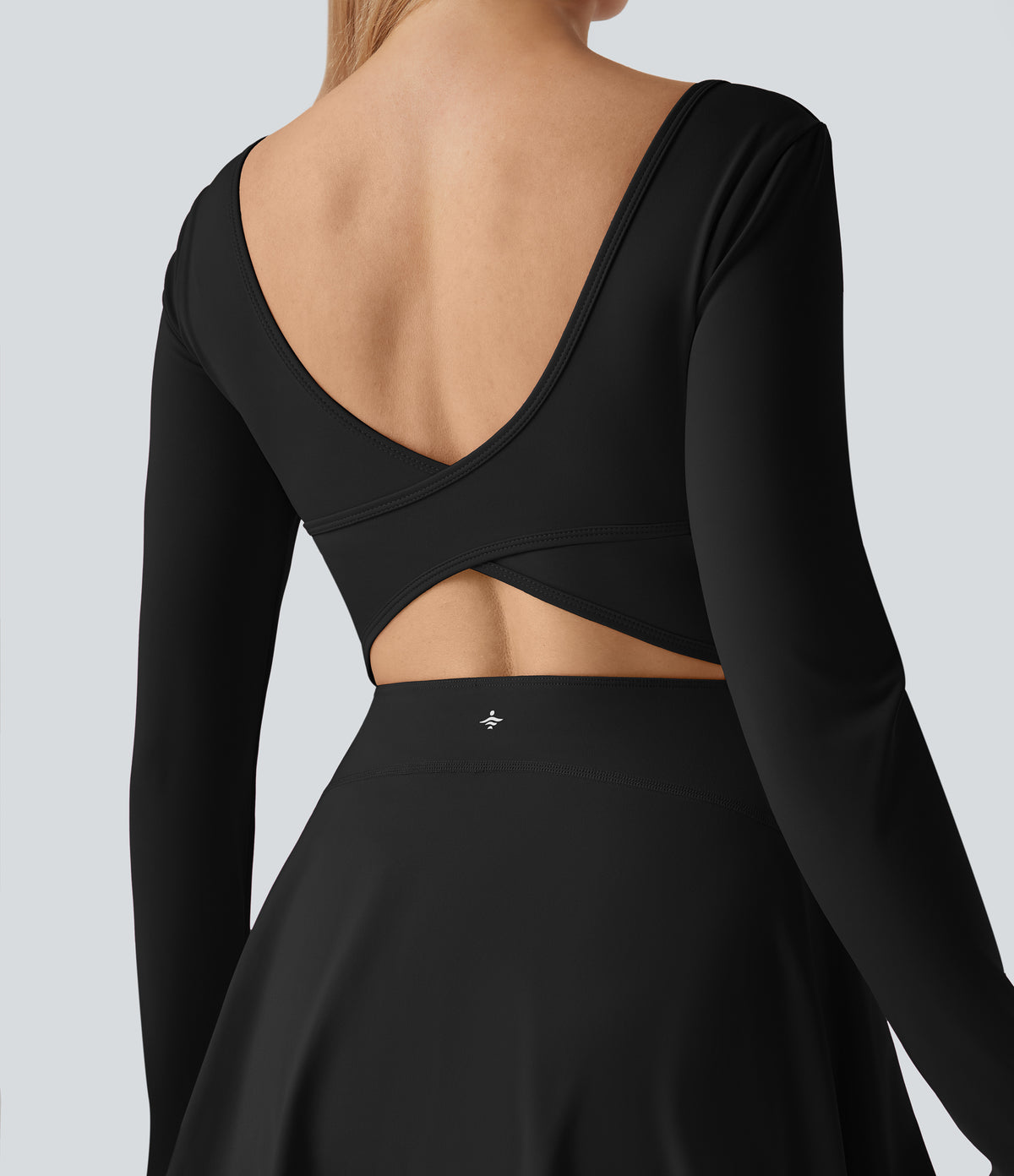 Airy U Neck Long Sleeve Thumb Hole 2-in-1 Mini Dance Active Dress with Pockets — Black — view 4