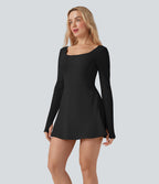 Airy U Neck Long Sleeve Thumb Hole 2-in-1 Mini Dance Active Dress with Pockets — Black — view 3