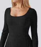 Airy U Neck Long Sleeve Thumb Hole 2-in-1 Mini Dance Active Dress with Pockets — Black — view 5