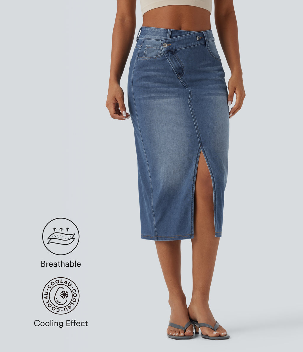 Asymmetric Mid Rise Split Bodycon Denim Casual Skirt with Pockets — Blue Jasper Denim — view 1