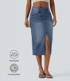 Asymmetric Mid Rise Split Bodycon Denim Casual Skirt with Pockets — Blue Jasper Denim — view 1