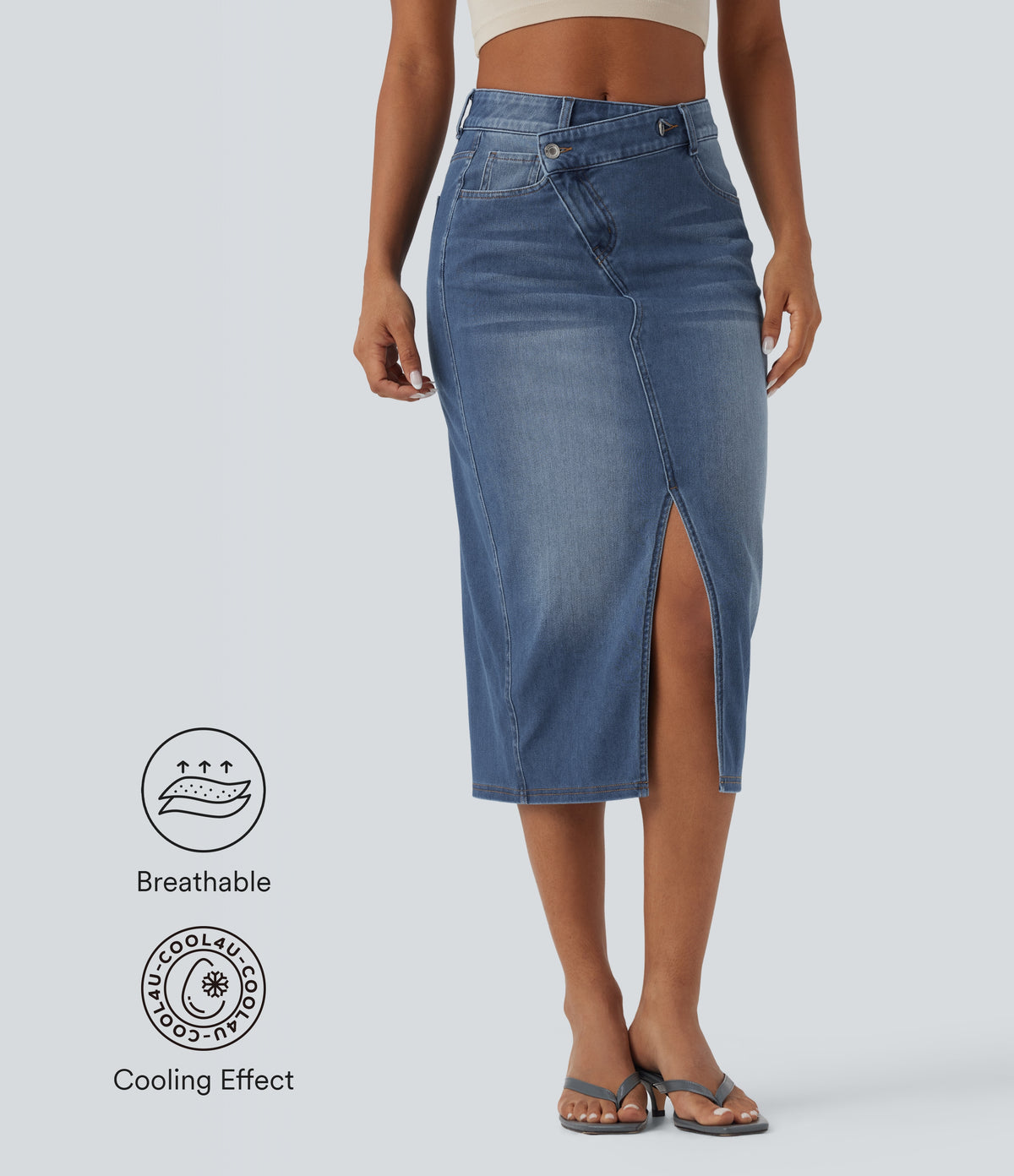 Asymmetric Mid Rise Split Bodycon Denim Casual Skirt with Pockets — Blue Jasper Denim — view 1