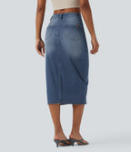 Asymmetric Mid Rise Split Bodycon Denim Casual Skirt with Pockets — Blue Jasper Denim — view 2