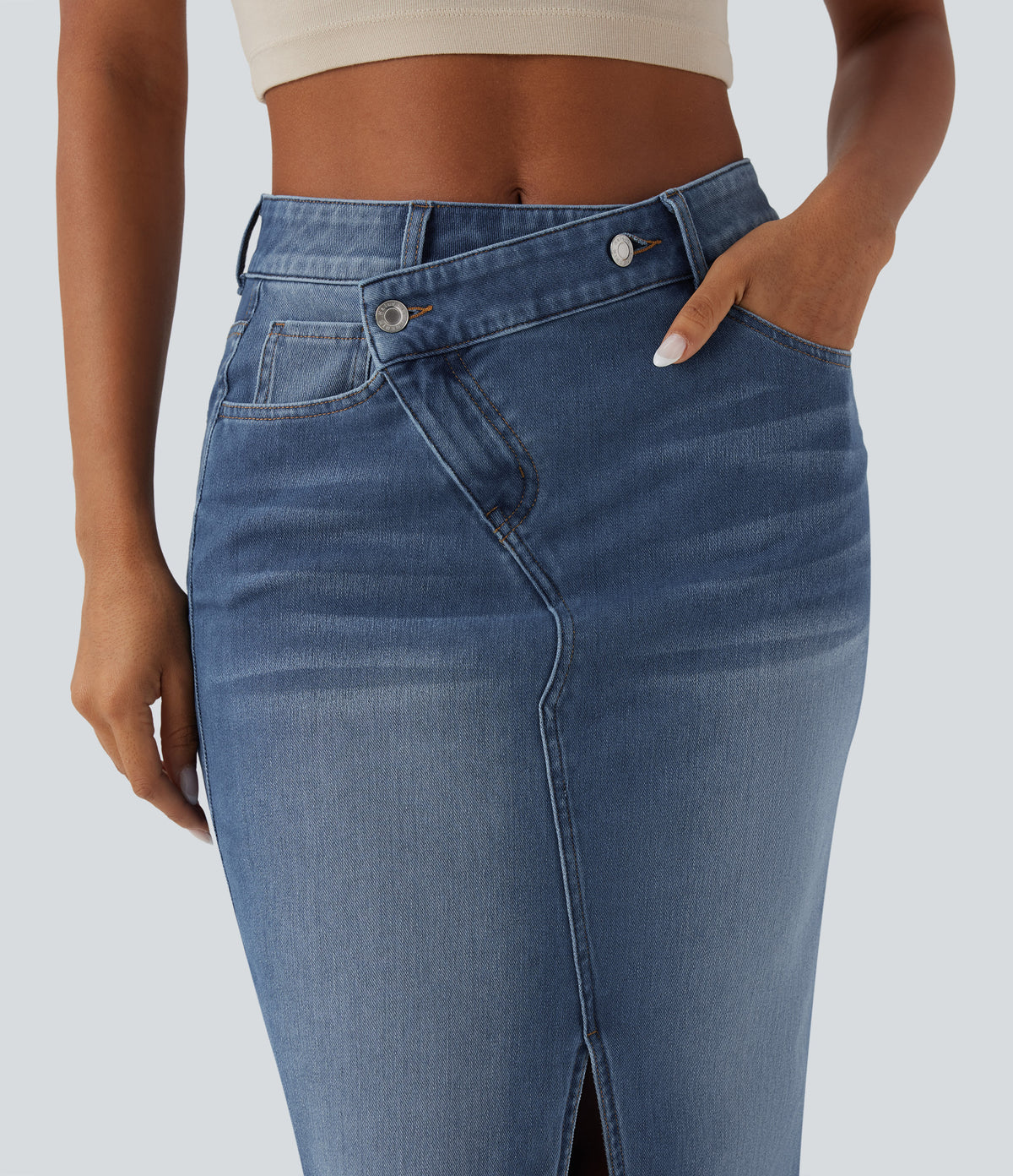 Asymmetric Mid Rise Split Bodycon Denim Casual Skirt with Pockets — Blue Jasper Denim — view 4
