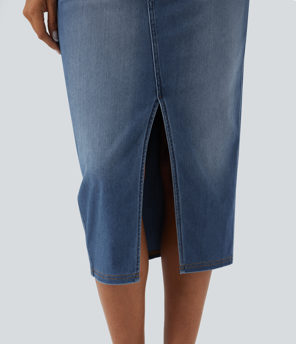 Asymmetric Mid Rise Split Bodycon Denim Casual Skirt with Pockets — Blue Jasper Denim — view 6