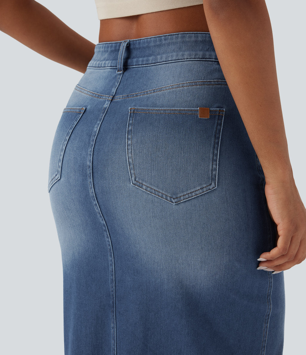 Asymmetric Mid Rise Split Bodycon Denim Casual Skirt with Pockets — Blue Jasper Denim — view 5