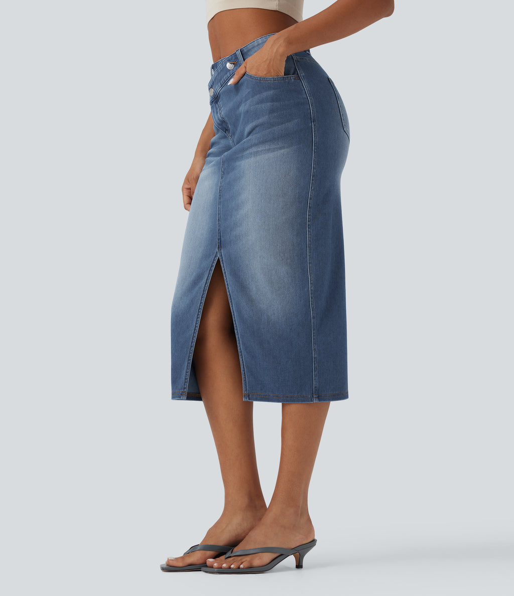 Asymmetric Mid Rise Split Bodycon Denim Casual Skirt with Pockets — Blue Jasper Denim — view 3