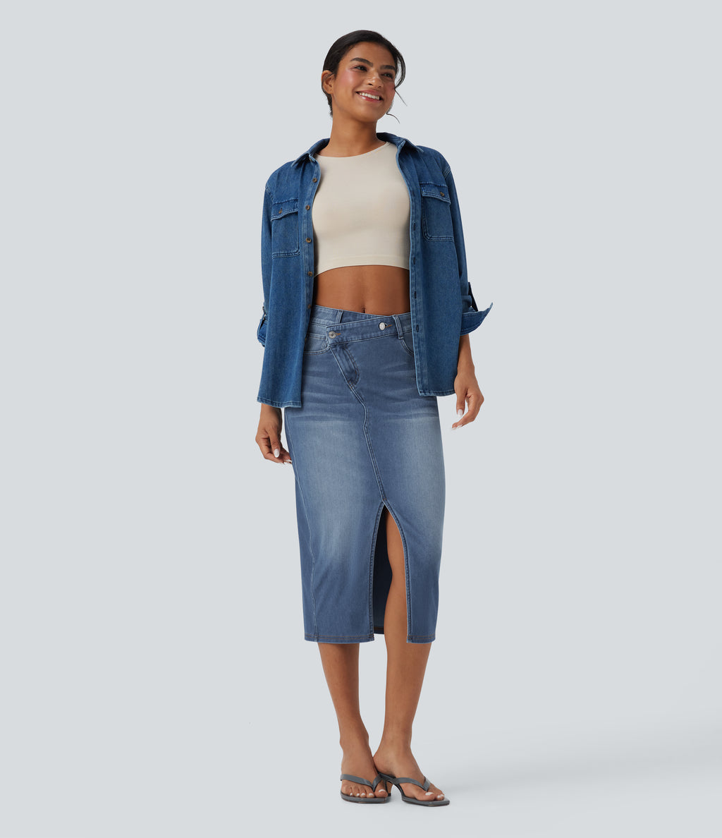 Asymmetric Mid Rise Split Bodycon Denim Casual Skirt with Pockets — Blue Jasper Denim — view 7