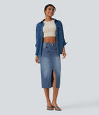 Asymmetric Mid Rise Split Bodycon Denim Casual Skirt with Pockets — Blue Jasper Denim — view 7
