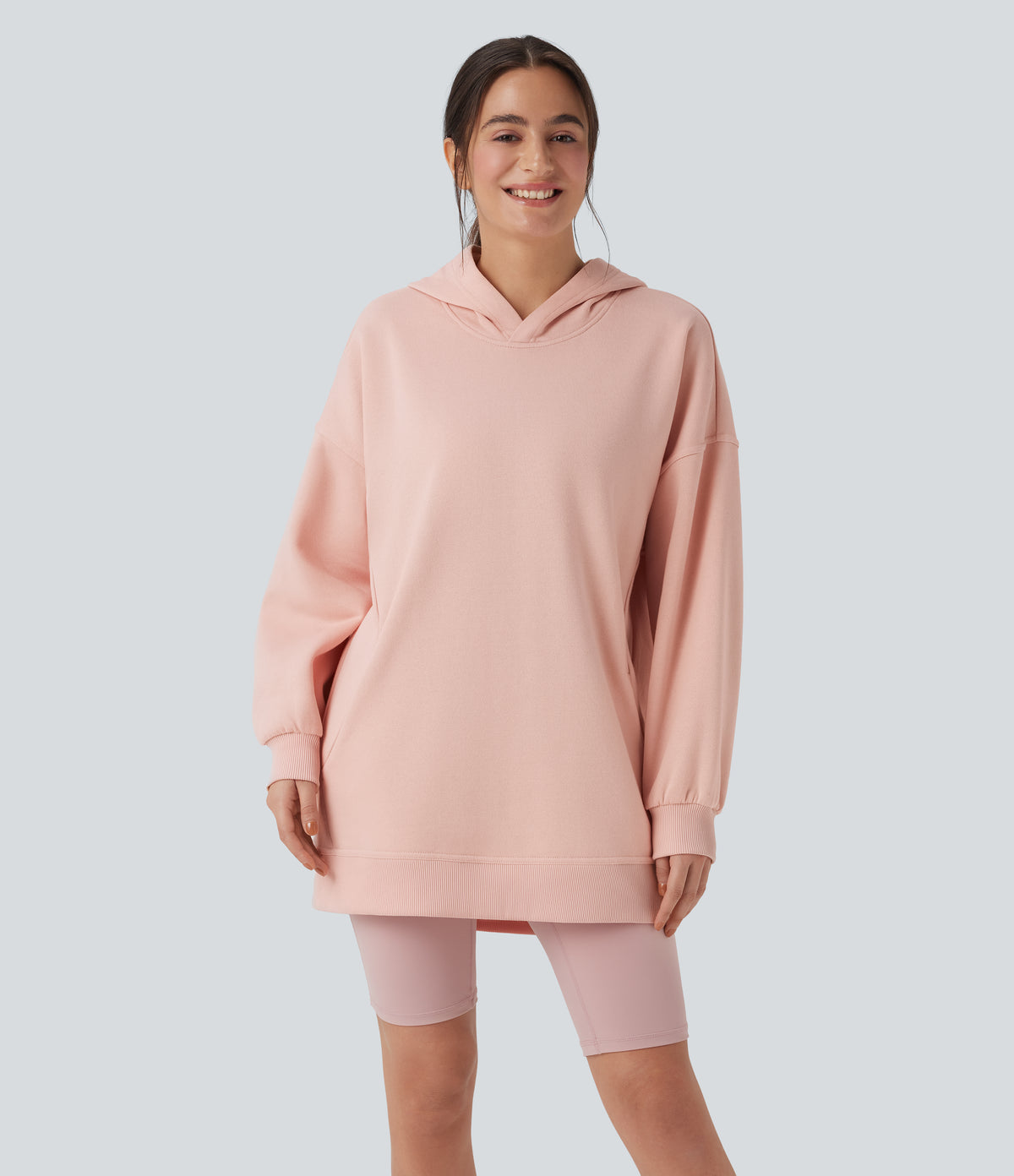 Hooded Long Sleeve Oversize Fleece Casual Sweatshirt with Pockets — Peachy Keen — view 2